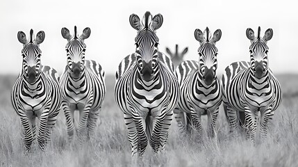 Fototapeta premium Five zebras in monochrome, walking towards the camera in tall grass.
