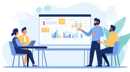 Engaging Business Presentation Meeting with Analytics and Strategy Discussion in a Modern Office Environment