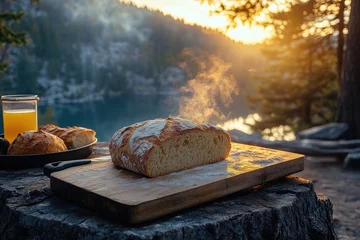Fototapeten Steaming loaf of freshly baked bread by mountain lake at sunset © Gatherina