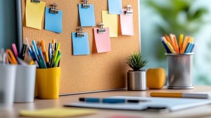 Creative workspace with colorful sticky notes and stationery on a wooden desk