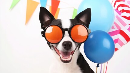 Fototapeta premium Cheerful Dog with Sunglasses Enjoys a Festive Party Atmosphere with Colorful Balloons and Flags as the Perfect Companion for Joy and Celebration