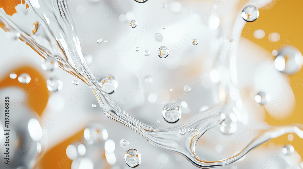Poster clear water droplets splash against vibrant orange background, creating dynamic and refreshing scene