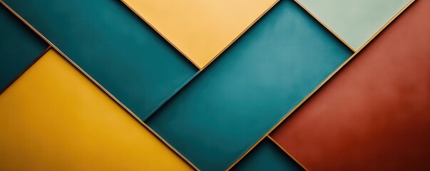 Mid-century modern design with interlocking geometric forms, featuring a color palette of teal, mustard, and rust