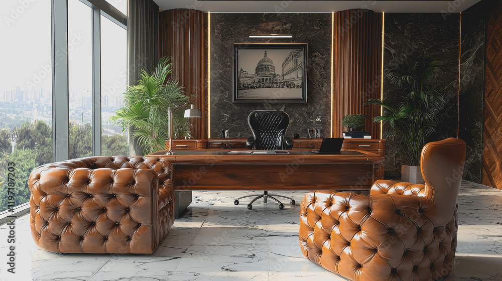 Poster modern office workspace with a desk chair and laptop ideal for remote work productivity and digital 