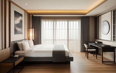 A minimalist bedroom design with a black desk, muted gray bed, and wood flooring, with a window dressed in sheer curtains to let in soft, natural light