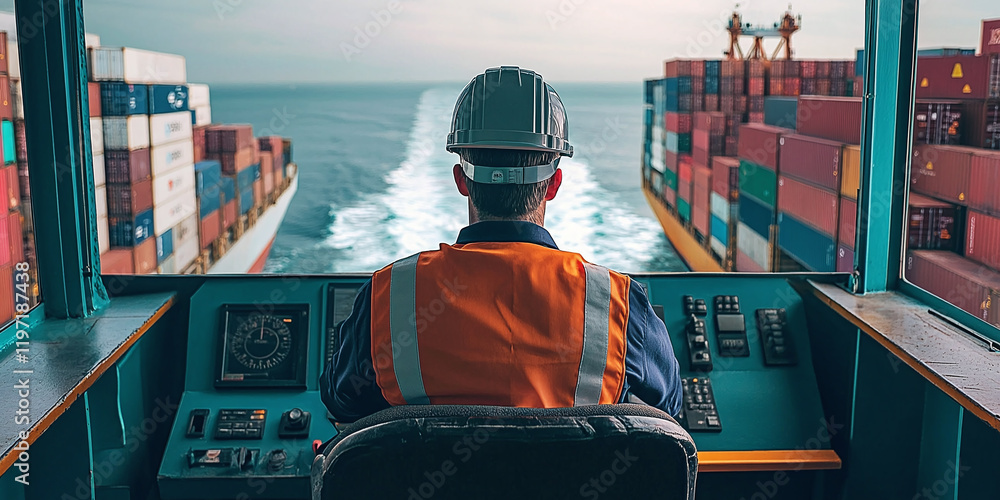 Poster view from inside a ship's bridge showing a worker in a safety vest and helmet steering a large conta