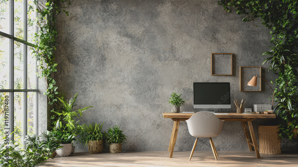 Poster computer on a desk in front of a window - modern workspace setup with natural light technology produ