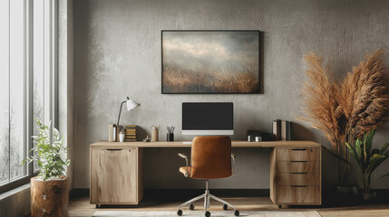 A modern desk featuring a sleek laptop vibrant green plant and an inviting room ambiance designed for productivity and creativity in a bright contemporary workspace environment