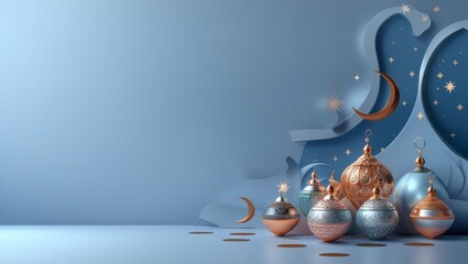 minimalist blue background space  with Ramadhan theme
