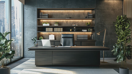 Modern office interior featuring a large wooden desk ample natural light from a large window contemporary decor and an organized workspace for productivity and creativity 180 chars