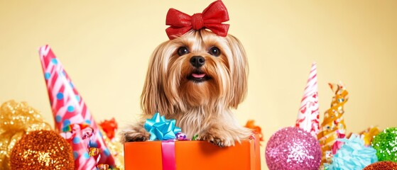 Charming Yorkshire Terrier Enjoying Festive Party Ambiance with Decorative Gifts and Bright Colors