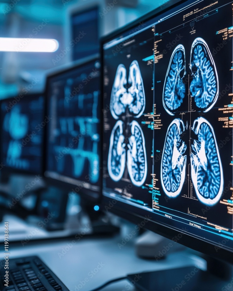 Aufkleber high-tech medical imaging displaying detailed human brain and lung scans on multiple computer monito