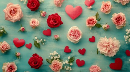Valentine day or Mother day background decorated with pink red hearts and roses flowers 