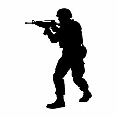 A man in a military uniform is holding a rifle. He is wearing a helmet and has a backpack on