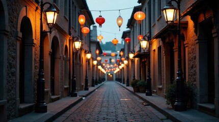Evening Ambiance on a Cobblestone Street Adorned with Warmly Lit Lanterns and Festive Hanging Paper Lights