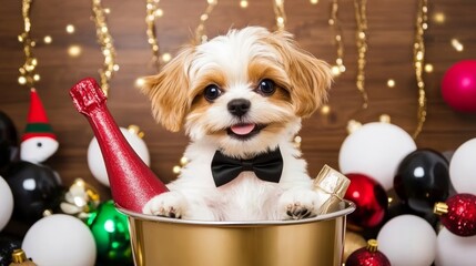 Charming Puppy in Bowtie Celebrates Festive Delight Amidst Bubbles and Glittering Decor