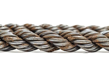 Naklejka premium Close-up of twisted steel cable showcasing its texture and strength. isolated on white background