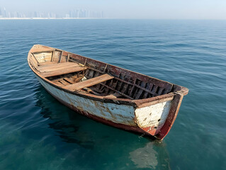 Obraz premium Old Wooden Rowboat on Calm Ocean
