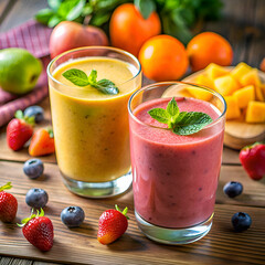 A refreshing yellow and pink smoothie for a healthy breakfast.