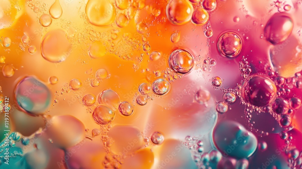 Poster colorful abstract liquid pattern with bubbles and droplets creating a vibrant background of warm and
