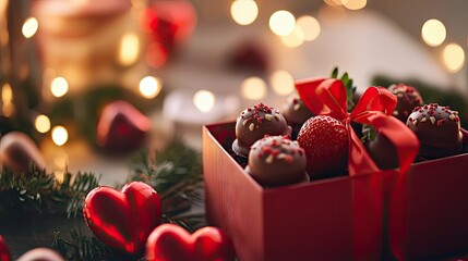 A Valentine's Day gift with a red box of chocolate-covered strawberries, surrounded by romantic decorations and soft lighting.