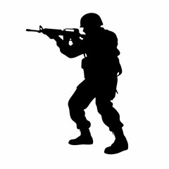 A man in a military uniform is holding a rifle. He is wearing a helmet and has a backpack on