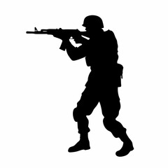 A man in a military uniform is holding a rifle. He is wearing a helmet and has a backpack on