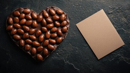 A Valentine's Day treat with chocolate-covered almonds arranged in the shape of a heart, with a romantic card placed beside them.