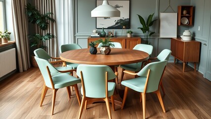 Scandinavian Dining Room with Mint Green Chairs - AI Photo