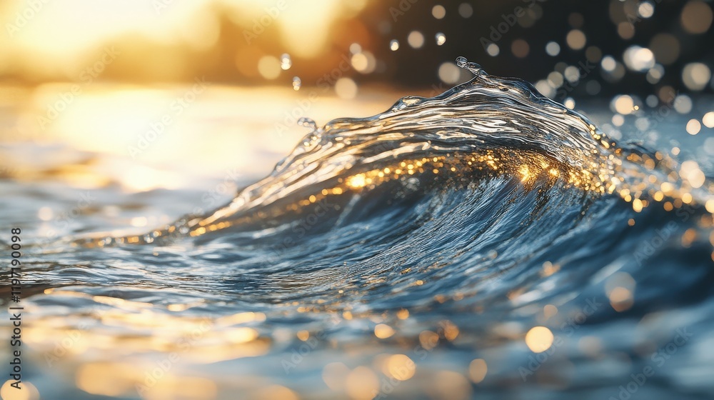 Poster vibrant 3d abstract render of gentle ocean wave with bokeh effects and warm sunlight reflections cre
