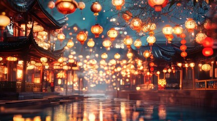 Obraz premium A vibrant Chinese New Year lantern festival scene, with glowing artisanal lanterns of various shapes lighting up a riverside path.