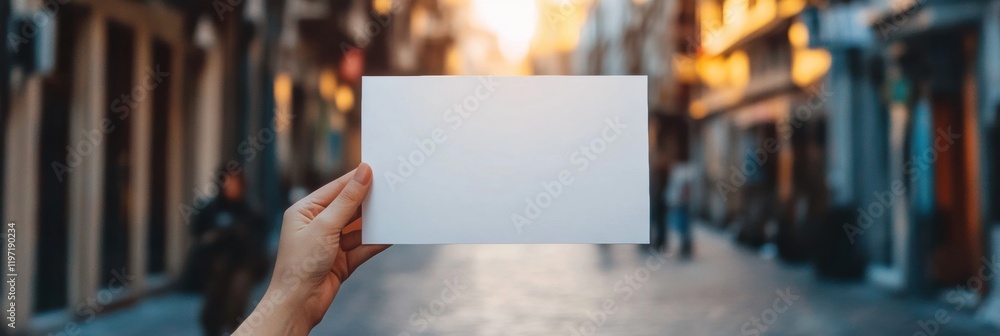 Poster hand holding blank card in a sunlit street, offering space for text and creative expression. generat