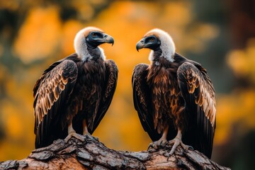 A pair of vultures perched together on a tree branch, their interaction hinting at a social connection