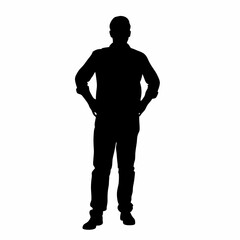 A man is standing in front of a white background. He is wearing a jacket and pants. He is holding his hands in front of his body