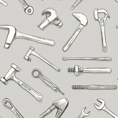 Naklejka premium Hand-drawn tool texture with hammers, wrenches, and screws on gray background