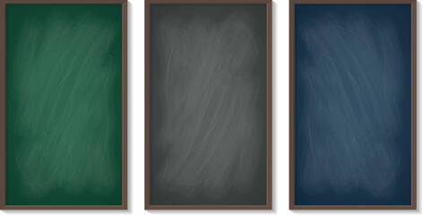 Three classic dark gray, green and navy blue chalkboards in wooden frames, empty blackboards for school classroom, cafe or restaurant menu