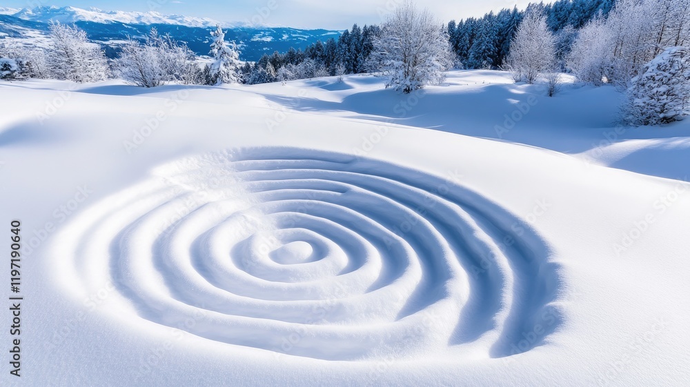 Poster snowy landscape with intricate circular patterns in snow, surrounded by trees and distant mountains