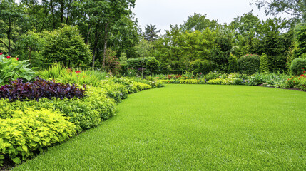 Obraz premium Lush green garden with vibrant flowers and manicured lawn, creating serene atmosphere