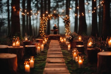 A magical forest wedding, with lanterns hanging from trees, wooden benches, and a soft carpet of moss creating a fairytale atmosphere