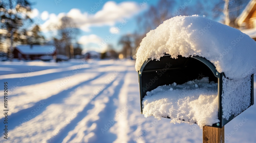 Poster snow-covered mailbox on snowy path with houses and trees in background