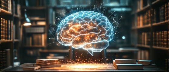 Bright glowing brain hologram hovering over a library desk with books and electrical sparks