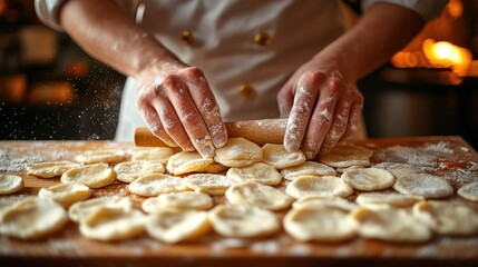 Close-up of chef's hands skillfully rolling out dough, preparing handmade pasta.  A culinary masterpiece in progress.
