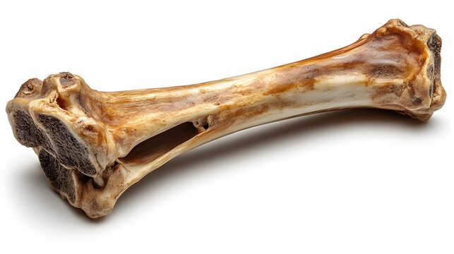 Large raw beef dog bone presents natural texture and detail. Professional product photography captures marrow bone with clean shadows against pure white background in studio setting.
