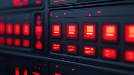 A close-up view of a futuristic control panel featuring glowing red buttons and intricate designs, suggesting advanced technology and digital interfaces.