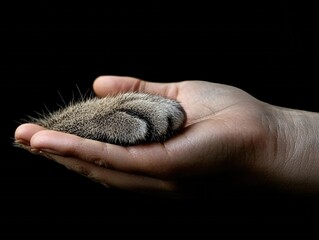 Gentle Cat Paw Resting in Human Hand Soft Fur Dark Background