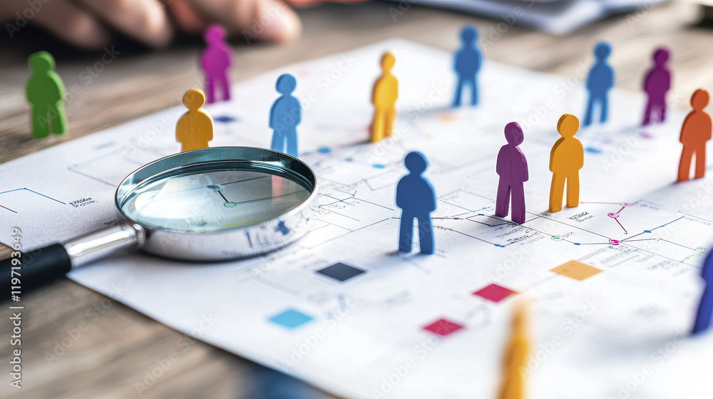 Poster magnifying glass over map with colorful figures representing data analysis