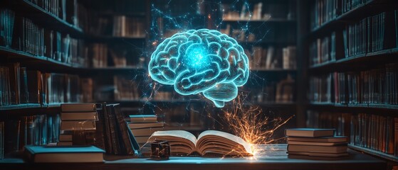 Floating glowing brain hologram above a library desk, surrounded by books and electrical sparks, bright futuristic design, hightech digital energy, intellectual atmosphere