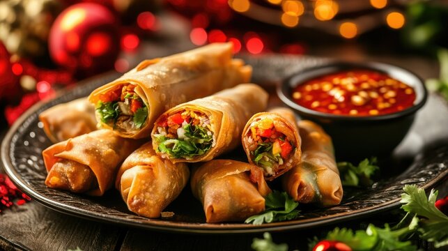 Vegan spring rolls filled with vibrant vegetables, plated alongside a sweet chili dipping sauce, with red Chinese New Year decorations.