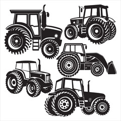 set of Tractor silhouette vector, old tractor vector silhouette, old farmer driving an old tractor