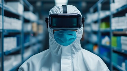 Research scientist in protective gear using vr headset in laboratory environment for technological innovation